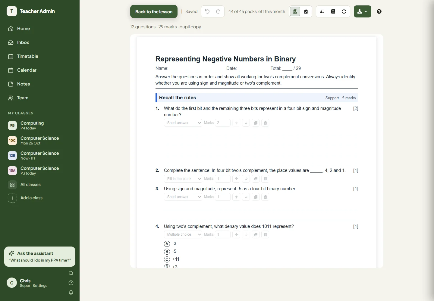 Worksheet for Representing Negative Numbers in Binary with name, date and a total out of 29, then the Recall the rules support section of short-answer, fill-in-the-blank and multiple-choice questions, each with its marks