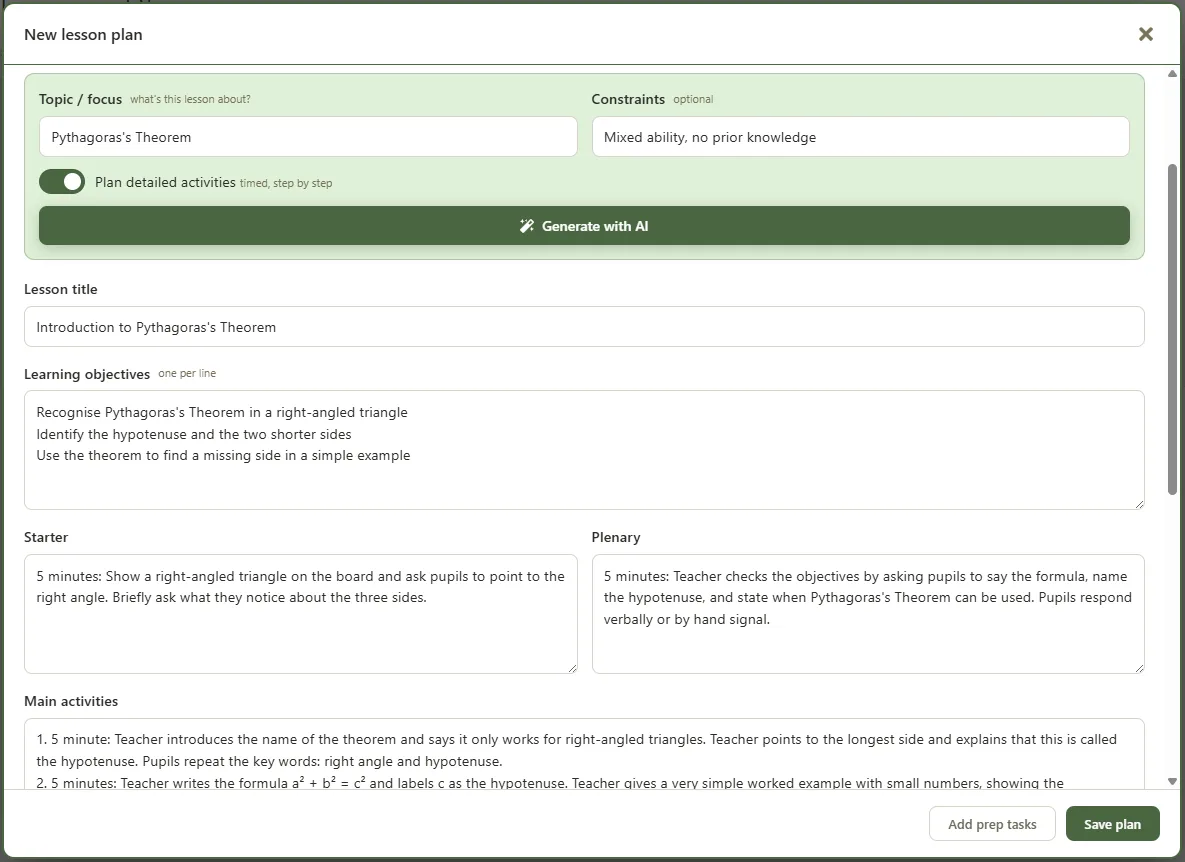Lesson planner drafting a Pythagoras's Theorem lesson: topic and constraints at the top, then generated objectives, starter, main activities and plenary