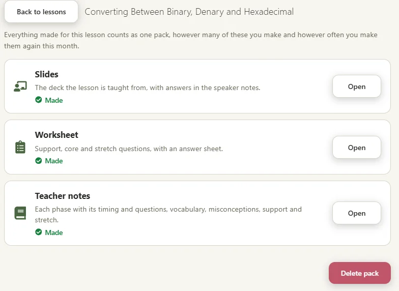 Lesson pack page showing slides, worksheet and teacher notes all made for one lesson, each with an Open button