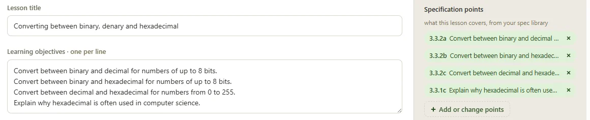 Lesson planner with four specification points ticked, 3.3.2a to 3.3.2c and 3.3.1c, and the learning objectives drafted in the specification's own wording