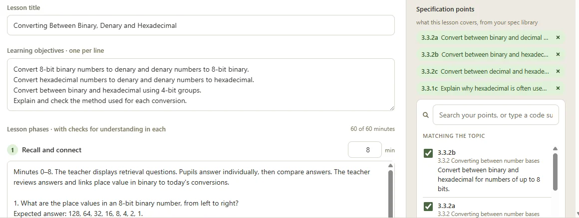 Lesson plan with Add spec points open, suggesting the specification points that match the lesson's topic, with four ticked and shown as tags