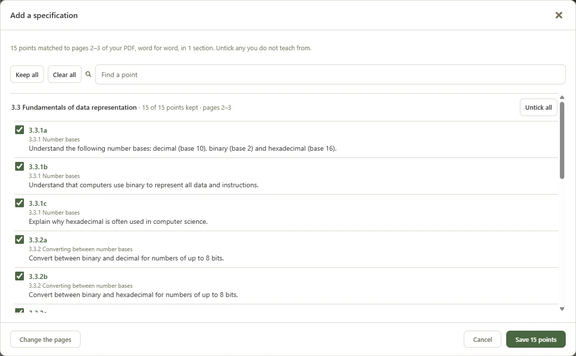 Review step listing the specification points found, 3.3.1a to 3.3.2b and more, each with its heading and full wording, ticked to keep