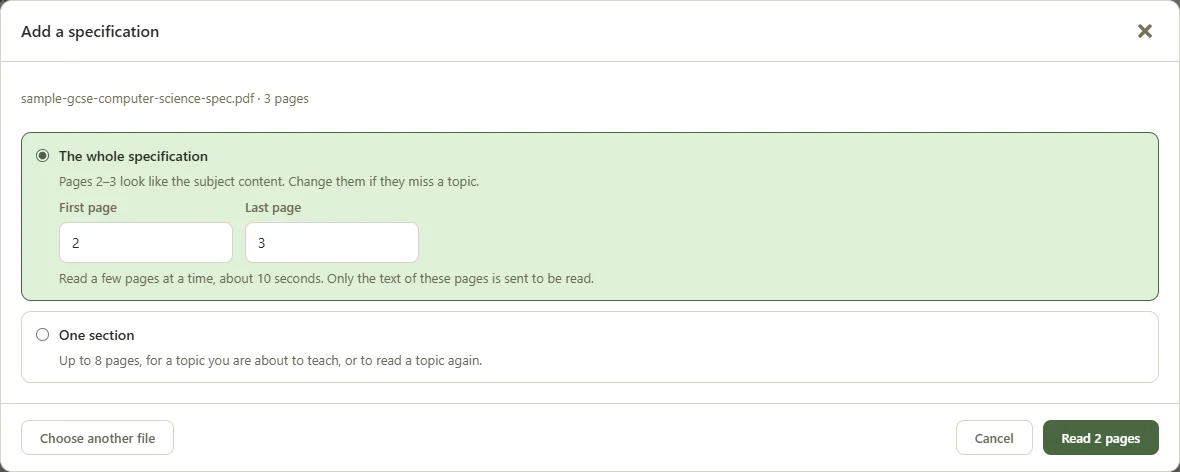 Add a specification dialog with a PDF chosen, offering to read the whole specification from page 2 to page 3, which it has found to be the subject content