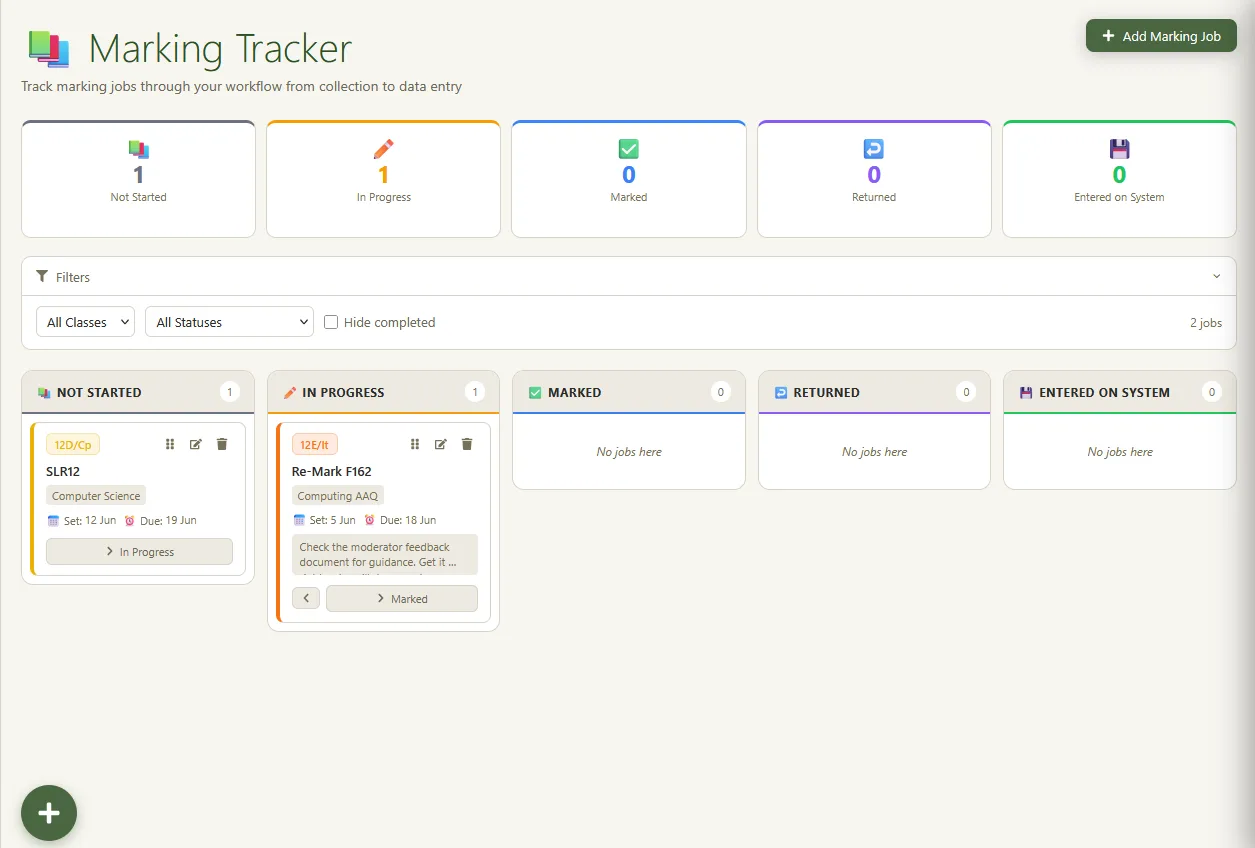 Marking tracker showing class, return date and progress