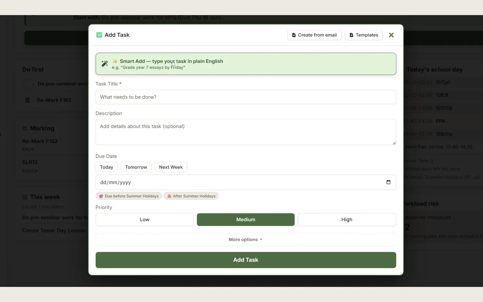 Smart Add task dialog with natural-language parsing over the daily briefing dashboard
