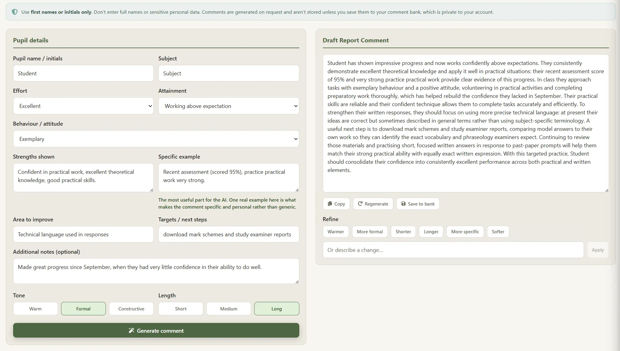 Report assistant drafting a pupil report comment