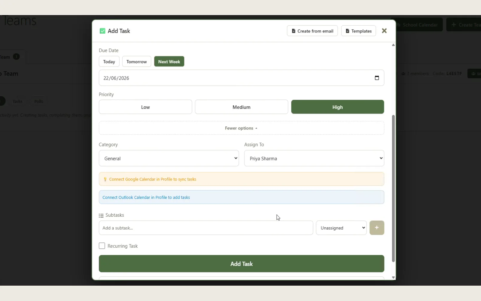 Assigning a team task to a colleague from the shared team board